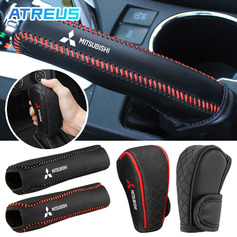 Mitsubishi ฝาครอบเกียร์เบรกมือ หนัง ปลอกหนังหุ้มคันเกียร์รถยนต์ ที่ปรับระดับเกียร์ ฝาครอบ ปลอกหุ้มลูกบิดเบรกมือรถยนต์ สำหรับ Mitsubishi Lancer EX Triton Xforce Xpander Cross Attrage Mirage Outlander Pajero Sport ASX