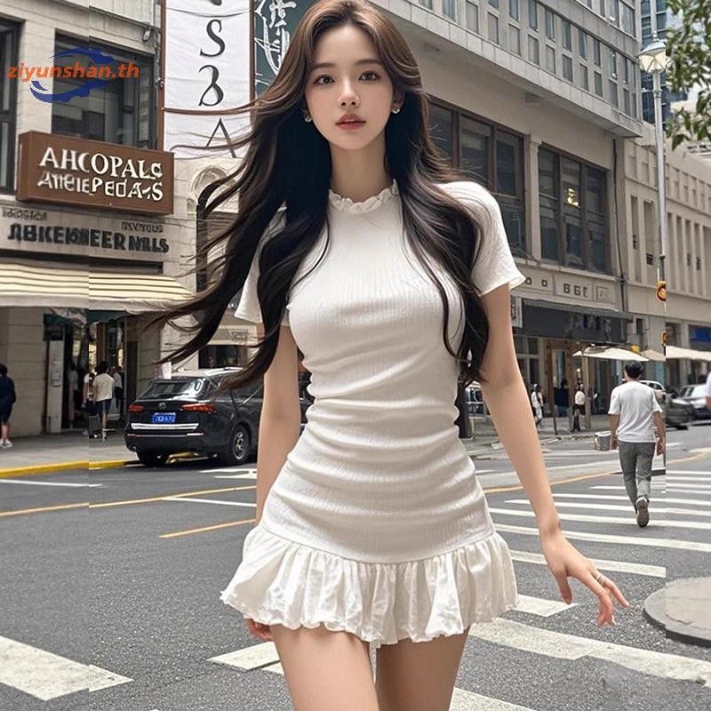 Ziyunshan ผู้หญิงฤดูร้อน Ruffled Hem รอบคอ Sheath แขนสั้น Sweet Chic Dress th