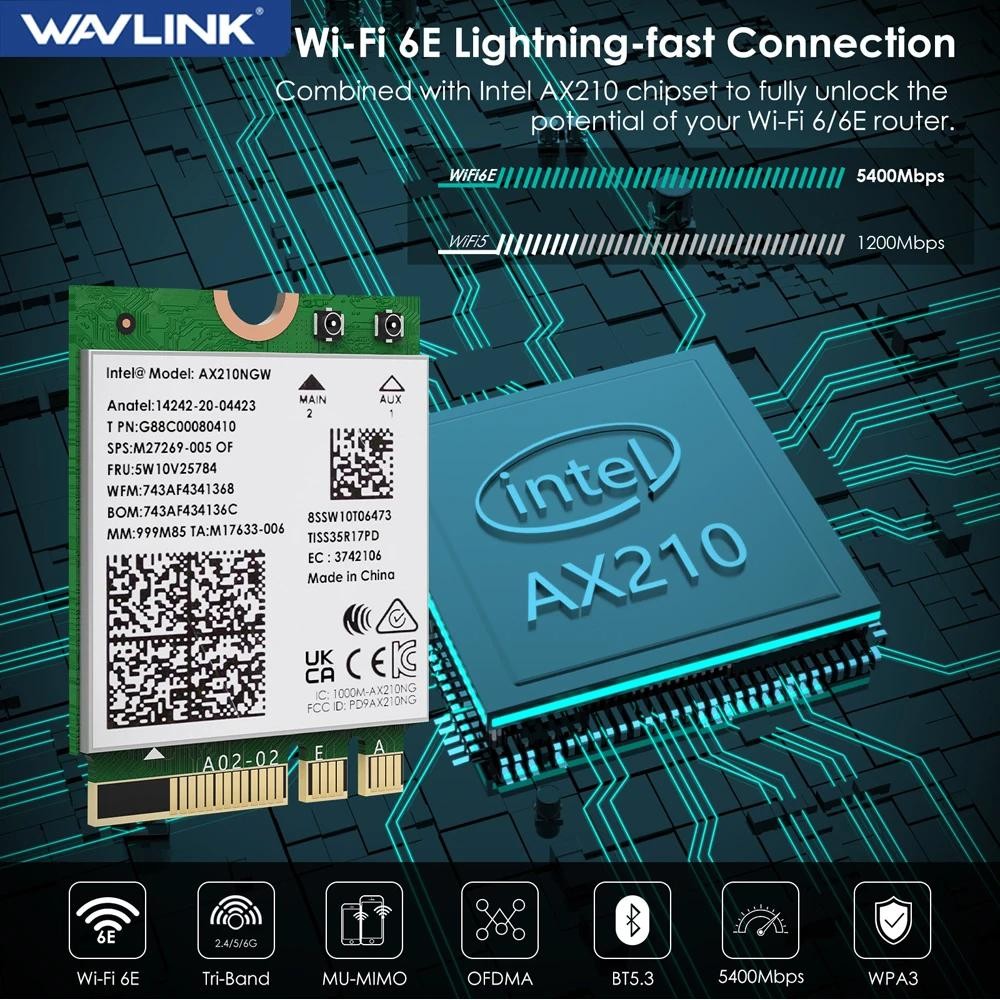 WAVLINK WiFi 6E Intel AX210 M.2 การ์ดไร้สาย Tri-Band 5400Mbps 2.4GHz/5GHz/6GHz อะแดปเตอร์เครือข่ายบล
