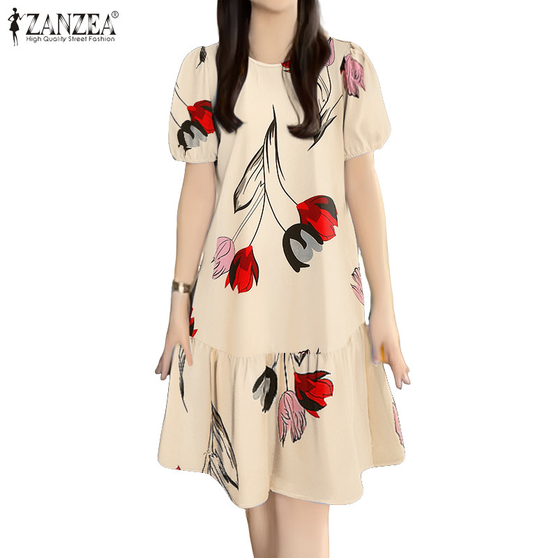 ZANZEA ชุดสำหรับผู้หญิง สไตล์เกาหลี คอกลมแขนสั้น มีลายรัฟเฟิลและภาพดอกไม้