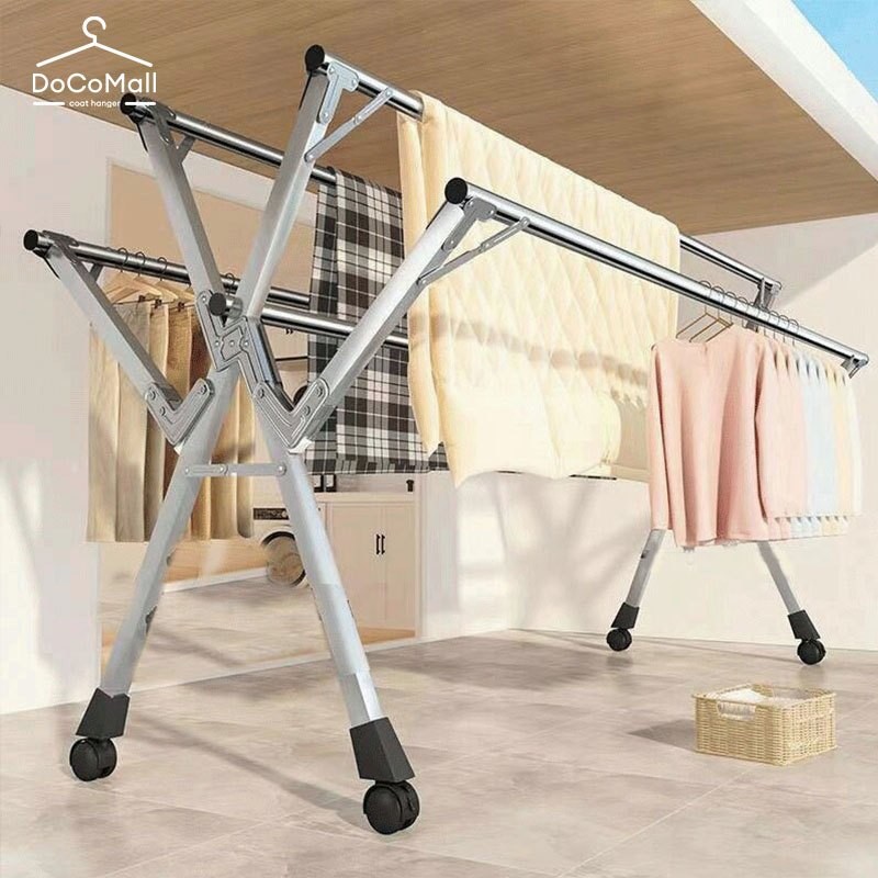 YIJIA ชั้นพับราวตากผ้าในร่มกลางแจ้งแขวนเสื้อผ้าแนวตั้งมือถือราวตากผ้า