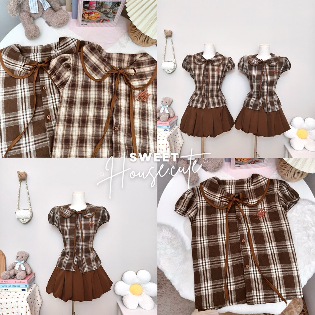 🧸 SweetHouse #632 🌻 ชุดเซตเสื้อคอบัวลายสก๊อต + กระโปรงบอลลูนสุดฮิต
