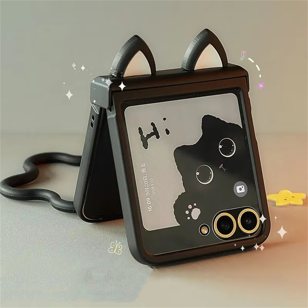 เกาหลีน่ารักหูแมวสีดําเคสโทรศัพท์สําหรับ Motorola Razr 60 50ultra Razr 40 Ultra สําหรับ Samsung Galaxy Z Flip 7 6 5 4 3 ฝาครอบ