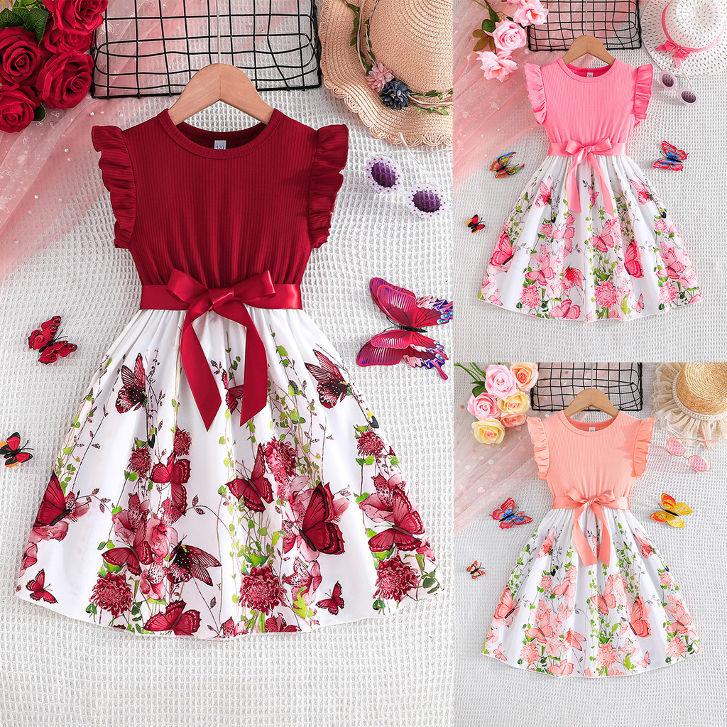 เดรสเด็กแขนสั้น ลายดอกไม้ผีเสื้อ มีสายผูกเอว หลายสี สำหรับเด็กวัย 5-11 ปี​