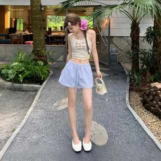 🩵ส่งไวจากไทย🩵ผู้หญิง ลายริ้ว-ปักลูกไม้ กางเกงขาสั้นเอวยางยืด แต่งกระดุม ทรงสวยทรงแปะ ผ้าใส่สบาย