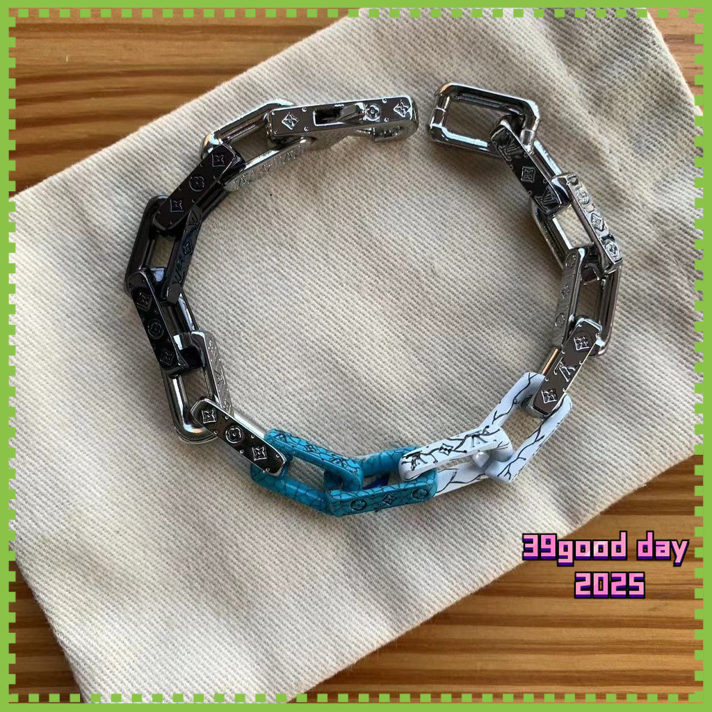 [ล-บ้าน] สร้อยข้อมือไม้ไผ่เหล็กไทเทเนียมประกบสีฟ้าและสีขาวชาย / 8897