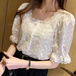 Floerns เสื้อคอตตอนแขนพอง เสื้อผ้าฉลุลายดอกไม้โทน ผ้าปักฉลุอย่างดี