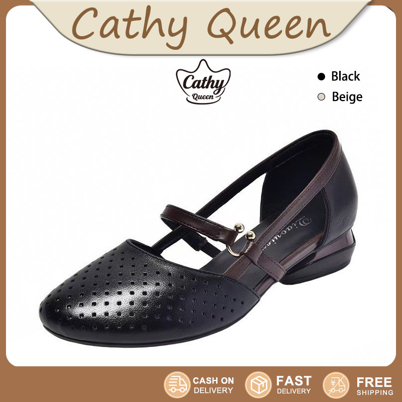Cathy Queen กลวง สำหรับผู้หญิง ปิดนิ้วเท้า ส้นหนา พื้นนุ่ม รองเท้าจัตุรัส รองเท้า รองเท้า เเฟ่ชั่น