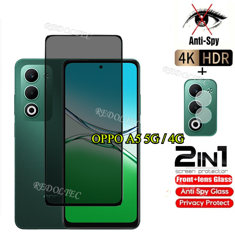 OPPO A5 5G 4G กระจกนิรภัยส่วนตัว Anti-Spy คลุมทั้งหมดปกป้องหน้าจอ Anti Peek 2in1 ฟิล์มความเป็นส่วนตัว + ตัวป้องกันเลนส์ OPPOA5