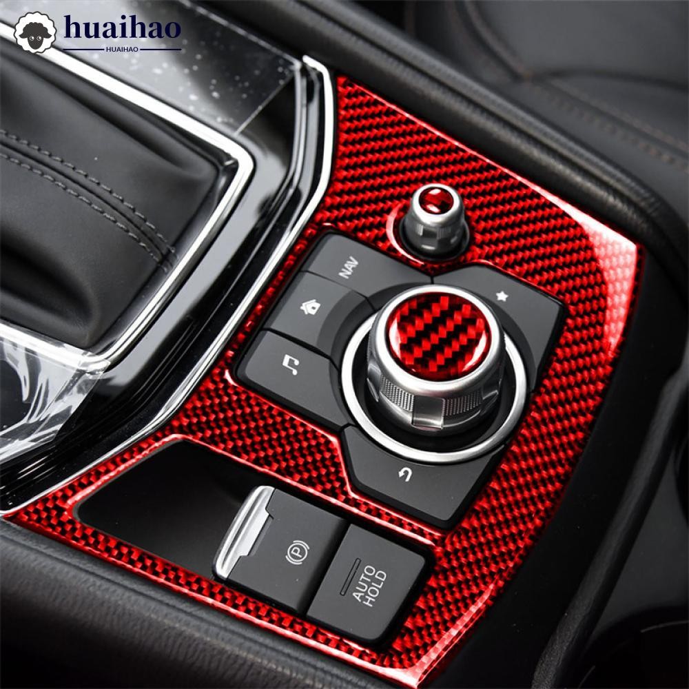 HUAIHAO 2 ชิ้นคาร์บอนไฟเบอร์คอนโซลกลางรถมัลติมีเดียปุ่มสติกเกอร์ Trim สําหรับ MAZDA 3 Mazda 6 CX-9 C