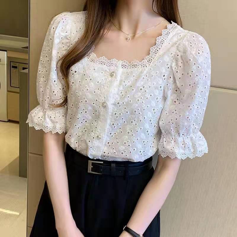 S-2XL เสื้อเชิ้ตผ้าชีฟองคอเหลี่ยมแขนพองทรงสี่เหลี่ยมสำหรับผู้หญิง เสื้อเชิ้ตผู้หญิงลดอายุระดับไฮเอนด์
