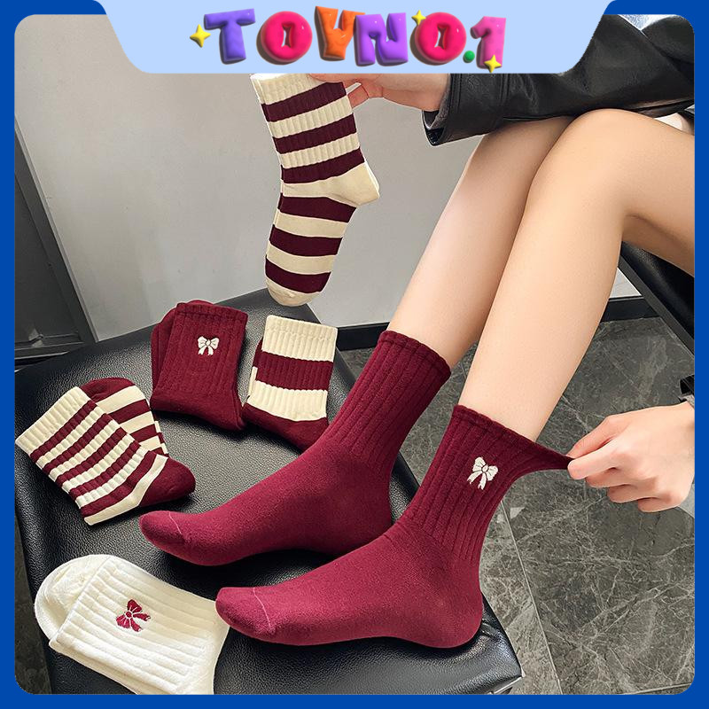 ToyNo.1🧸พร้อมส่ง🧸 "CW-2" ถุงเท้าผู้หญิง สีไวน์แดง ดีไซน์โบว์มินิ ทันสมัย สไตล์อะคาเดมี่