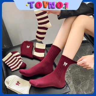 ToyNo.1🧸พร้อมส่ง🧸 "CW-2" ถุงเท้าผู้หญิง สีไวน์แดง ดีไซน์โบว์มินิ ทันสมัย สไตล์อะคาเดมี่