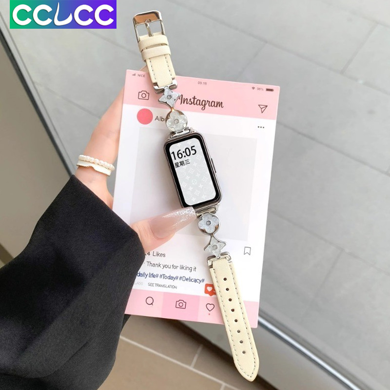 CCLCCแฟชั่นหรูหราโลหะหนังดอกไม้สี่ใบสําหรับHuawei Band 10 8 สายรัดข้อมือละเอียดHonor Band 9 NFCหนังนุ่มห่วงSmart watch Fit 4 Pro 3 2 เปลี่ยนสร้อยข้อมือ