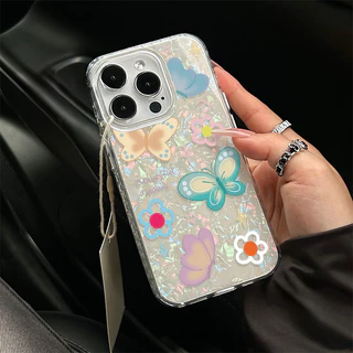 เคส IPhone XR X XS Max 11 16 13 12 14 15 Pro Max 8 14 7 15 Plus 7Plus SE 2020 แฟชั่นฤดูใบไม้ผลิสดใหม่ดูเดิลผีเสื้อดอกไม้