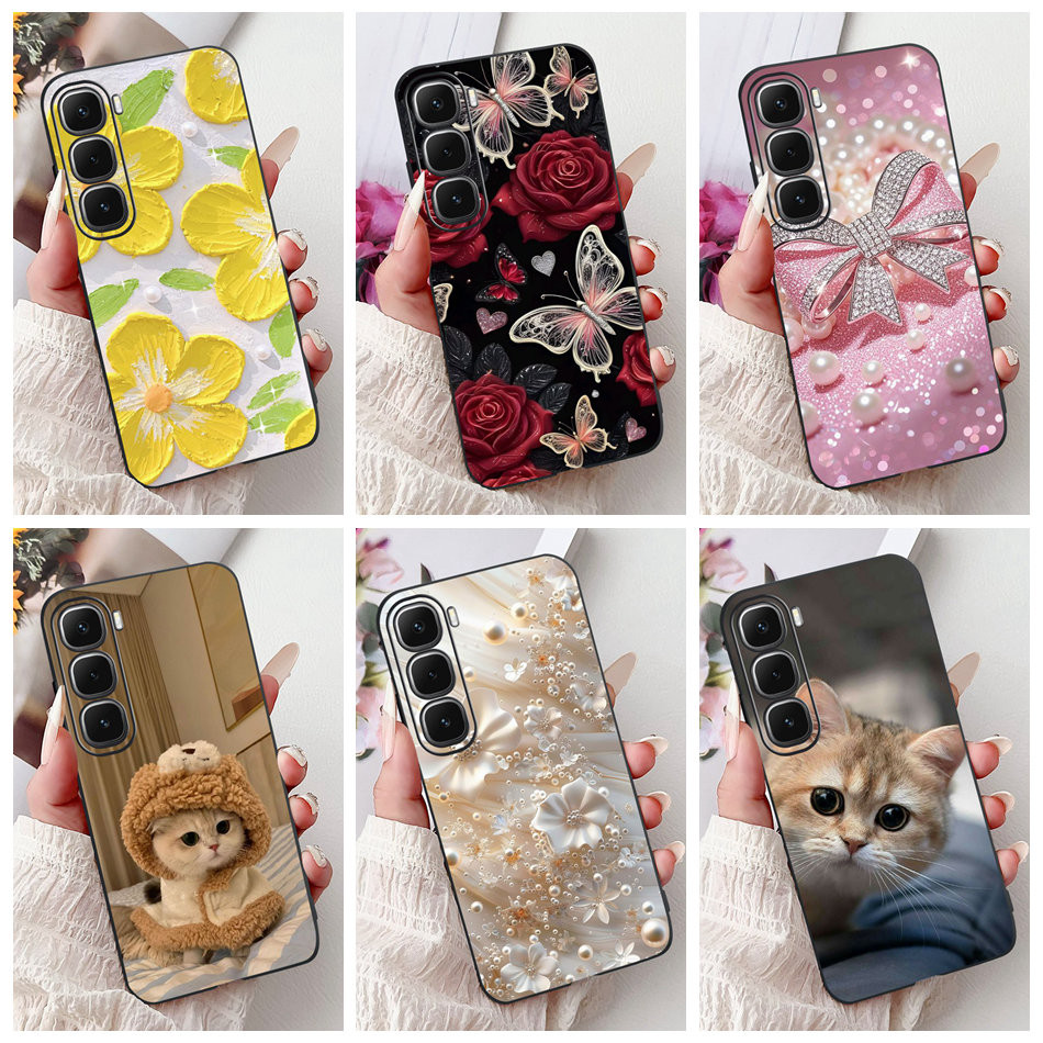 สําหรับ Infinix Hot 60 Pro 60Pro + X6886 X6885 ใหม่ Elegant Floral Cat ภาพวาดปลอกร้อน 60Pro Plus 4G ซิลิโคนนุ่ม TPU เคสโทรศัพท์