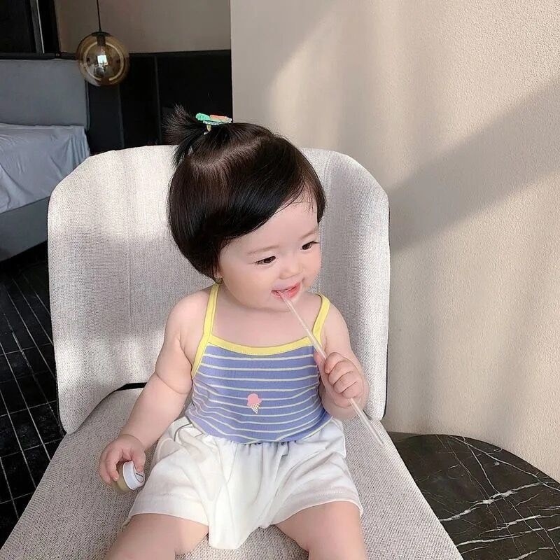 Babyonline(Y167)B1 (ส่งด่วน1วัน)เสื้อสายเดี่ยวไขว์หลังผ้าฝ้ายลายน่ารักๆสำหรับเด็ก ผ้านุ่มเด้ง ระบายอากาศ