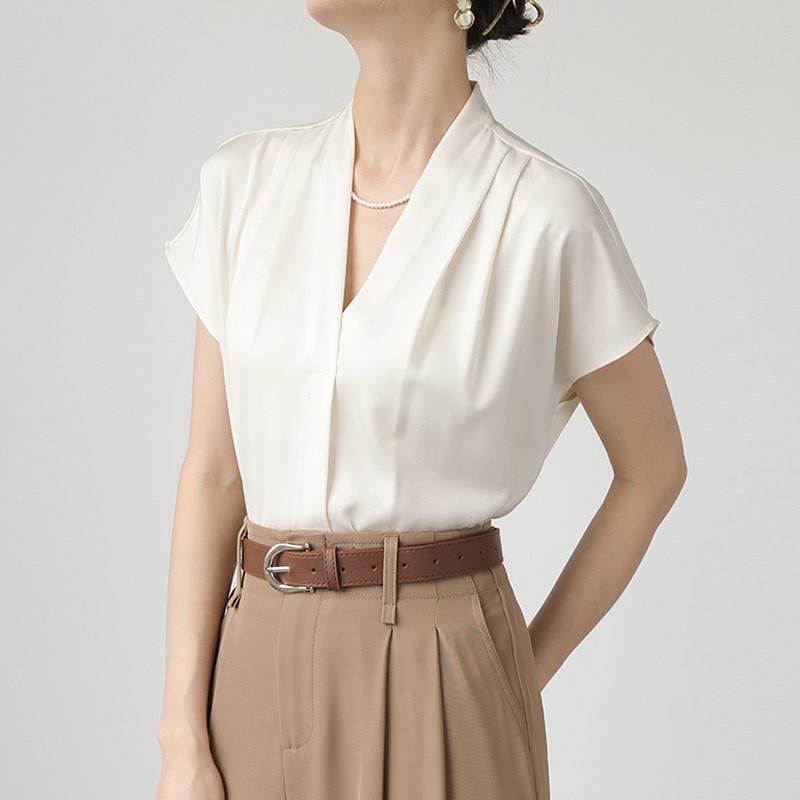 Laterme เสื้อชีฟองสไตล์ซาตินแขนสั้นสำหรับผู้หญิง คอวี