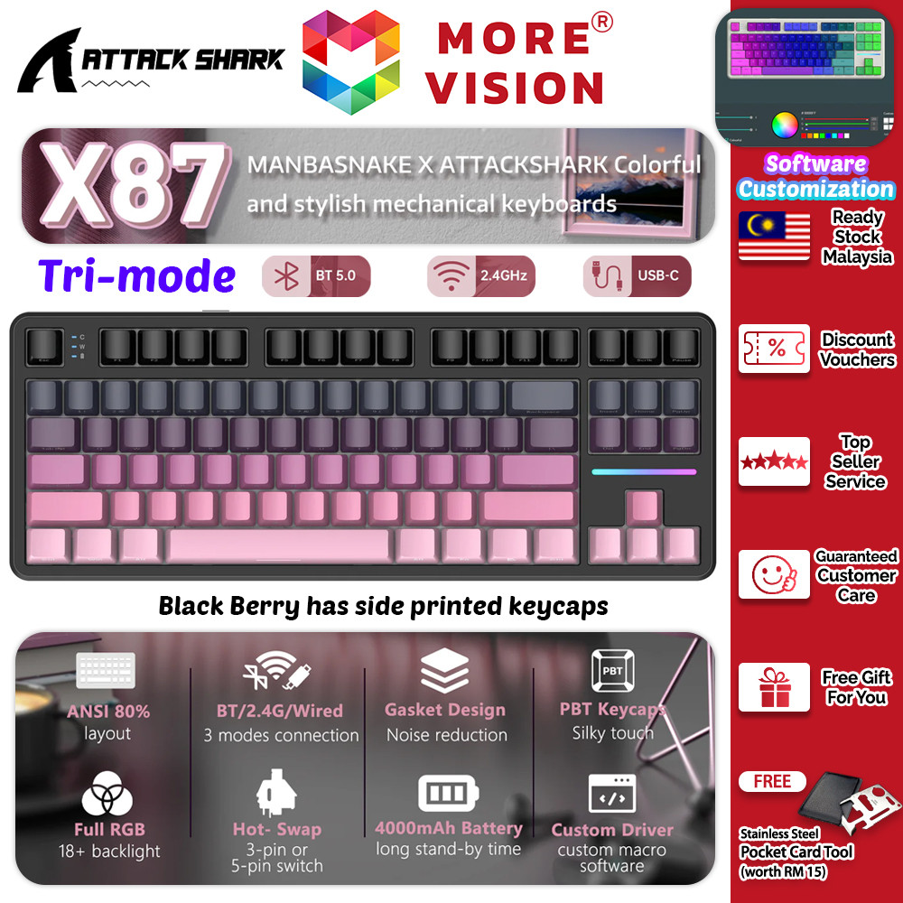 ATTACK SHARK X87 คีย์บอร์ดแบบกลไก 80% TKL ไร้สาย Tri-Mode Bluetooth Hot-Swap Full RGB โครงสร้างปะเก็น 5 ชั้น