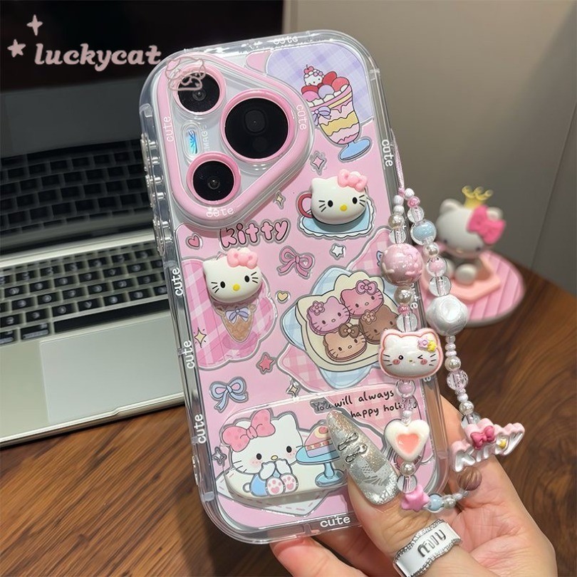 เข้ากันได้กับ iPhone 16 15 14 13 12 11 Pro Max X Xr Xs Max 7 8 Plus SE2020 เคสโทรศัพท์ 3D DIY การ์ตูนสองมินิโบว์สีชมพู KT Cat + Stand + Lanyard Bling Clear ฝาครอบโทรศัพท์