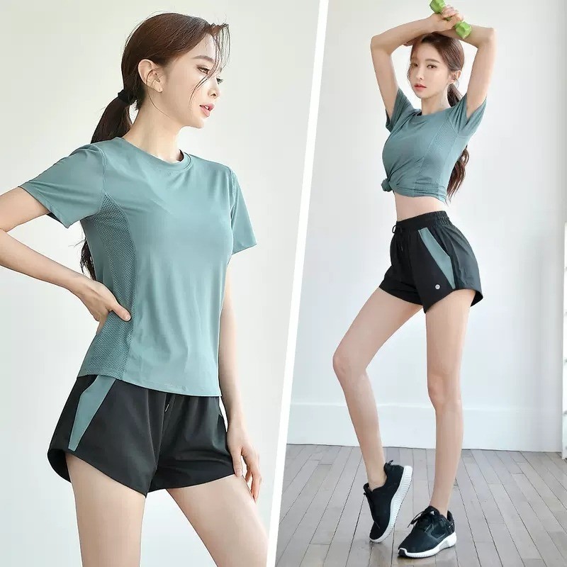 Gym ชุดกีฬาผู้หญิงหลวม Slimmer ดู Quick-Drying เสื้อผ้าวิ่งกางเกงขาสั้นเสื้อผ้าโยคะชุดสามชิ้น 8.11a