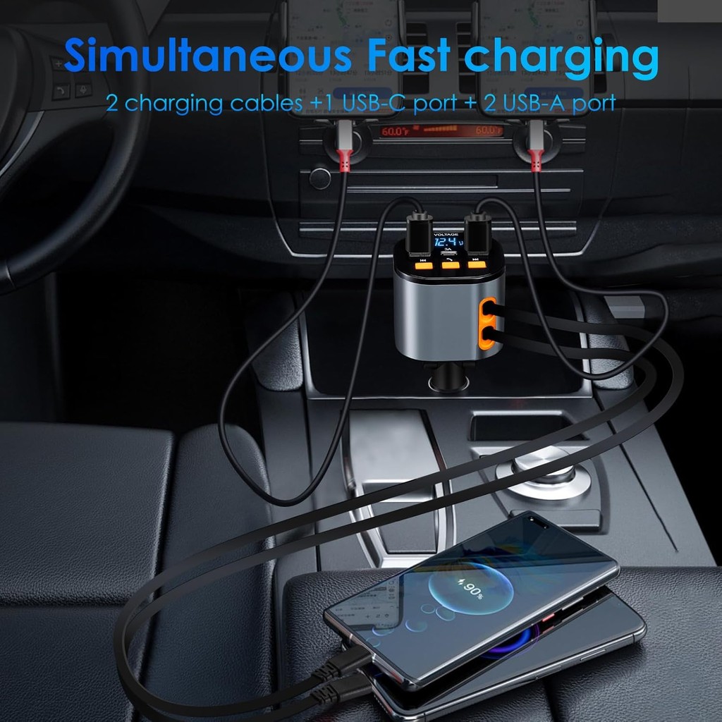 ที่ชาร์จในรถยนต์แบบยืดหดได้,5 in 1 Fast Car Phone Charger 90W,Bluetooth 5.3 FM Transmitter Adapter,H