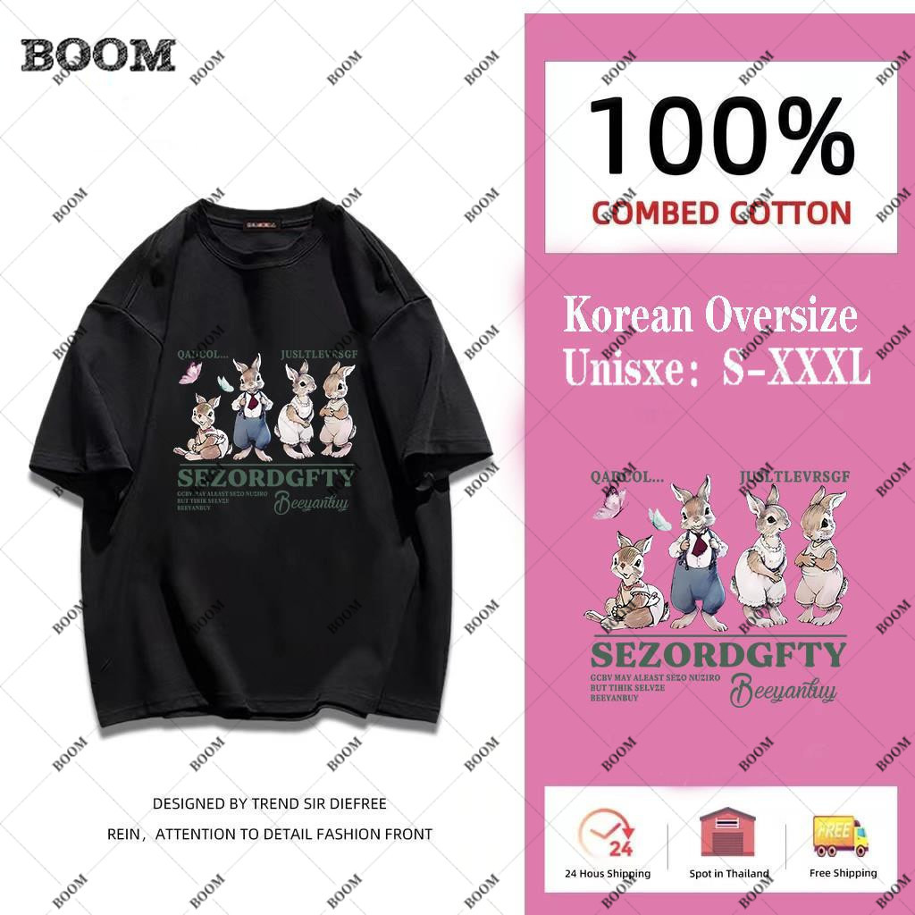 （จัดส่งตลอด 24 ชั่วโมง）BOOM SHOP เสื้อเชิ้ตแขนสั้น ผ้าฝ้าย 100% พิมพ์ลายกระต่าย ใส่สบาย สําหรับผู้หญิง OVERSIZE 6สี