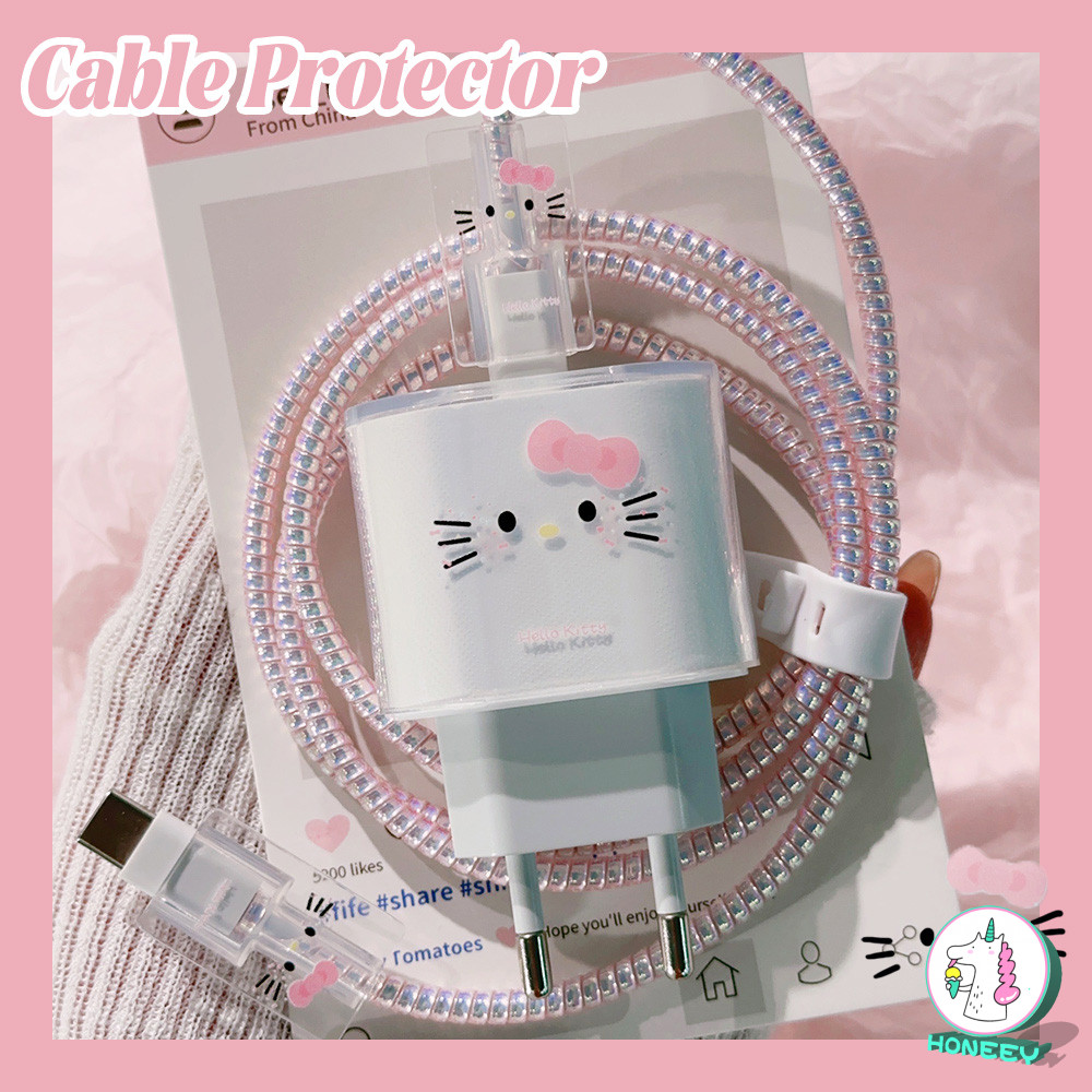 EURO การ์ตูนสีชมพู Bowknot Kitty Charger Data Cable Winder ชุดป้องกันสําหรับ IPhone 18W 20W Charger Case Anti-break Bites Wire Shell