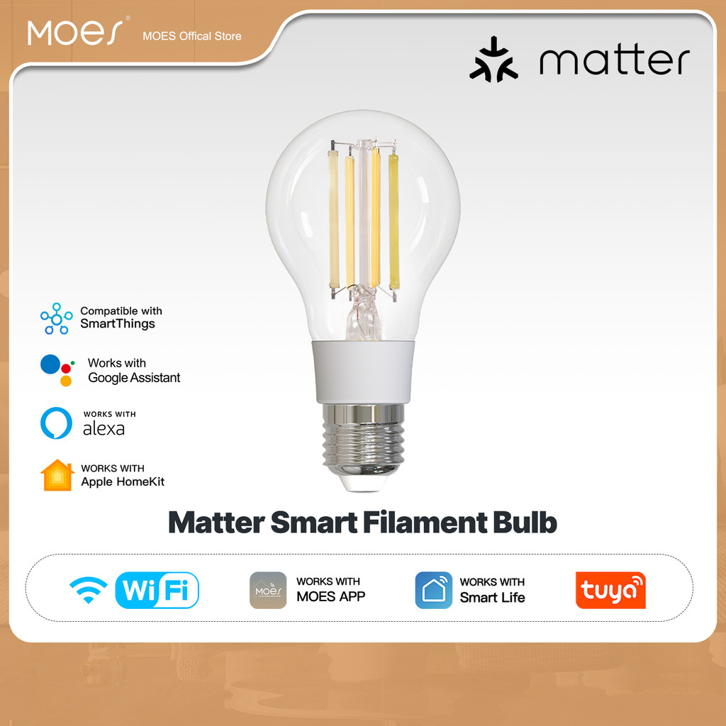 MOES TUYA Matter สมาร์ทเส้นใยหลอดไฟ LED E27 หรี่แสงได้ 2700K-6500K 806Lm 7W Alexa Google Home Voice Control