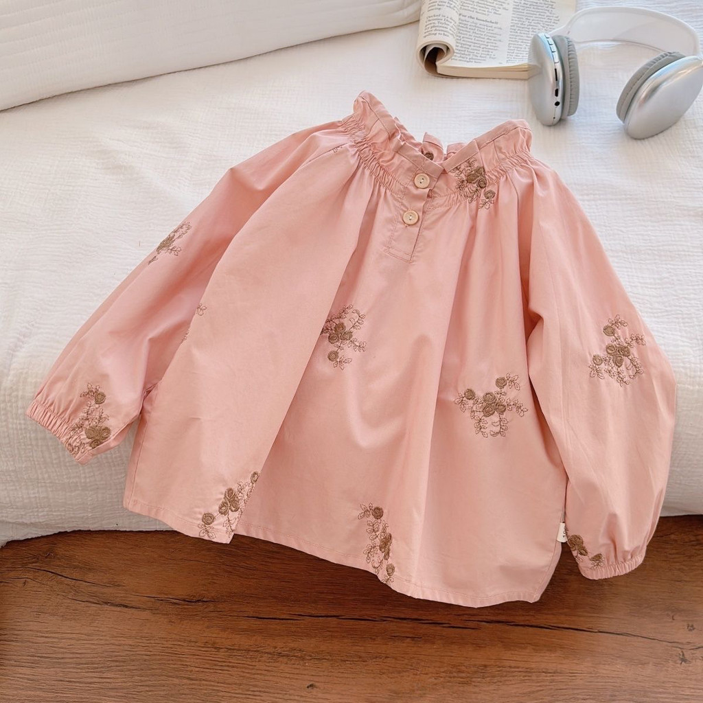 เสื้อลายปักดอกไม้แขนยาว สไตล์ใหม่ฤดูใบไม้ผลิ สีชมพู สำหรับผู้หญิง