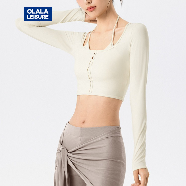 Olala Leisure Yoga Sports T-shirt Crop Top Fixed Pads Halter Neck Long Sleeves 2 In 1 Design