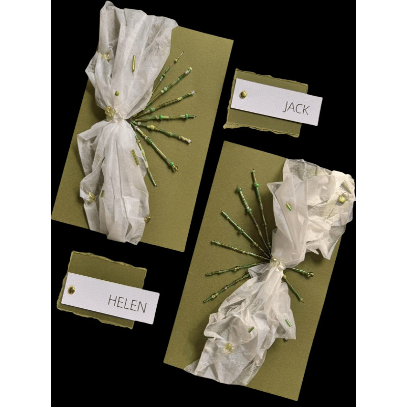 หมั้นลูกปัด Vows Vows คําเชิญ Niche ที่กําหนดเองสีเขียวหนังสือการ์ดที่เขียนด้วยลายมือ Hand-Made ของข