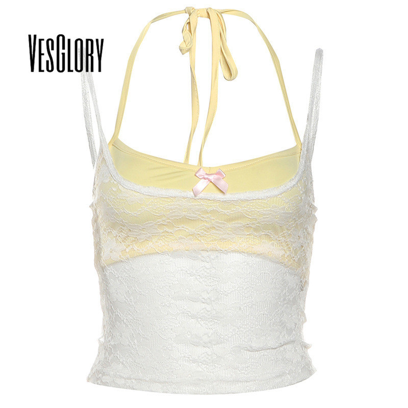 VesGlory ผู้หญิงเสื้อกล้ามแฟชั่น Contrats สีลูกไม้ Splic Casual Slim Fit Flase สองชุดด้านบน