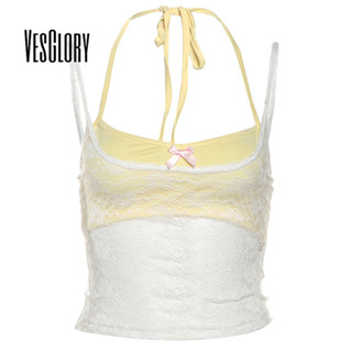 VesGlory ผู้หญิงเสื้อกล้ามแฟชั่น Contrats สีลูกไม้ Splic Cas…