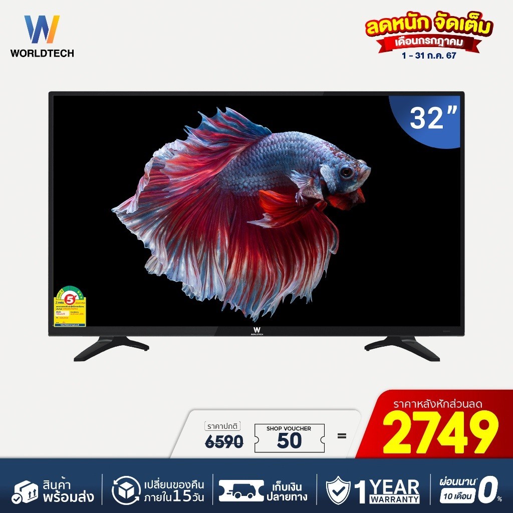 (ใช้โค้ดลดเพิ่ม) Worldtech ทีวี 32 นิ้ว LED TV Analog  HD Ready ฟรี!! สาย HDMI (2xUSB, 2xHDMI) รับปร