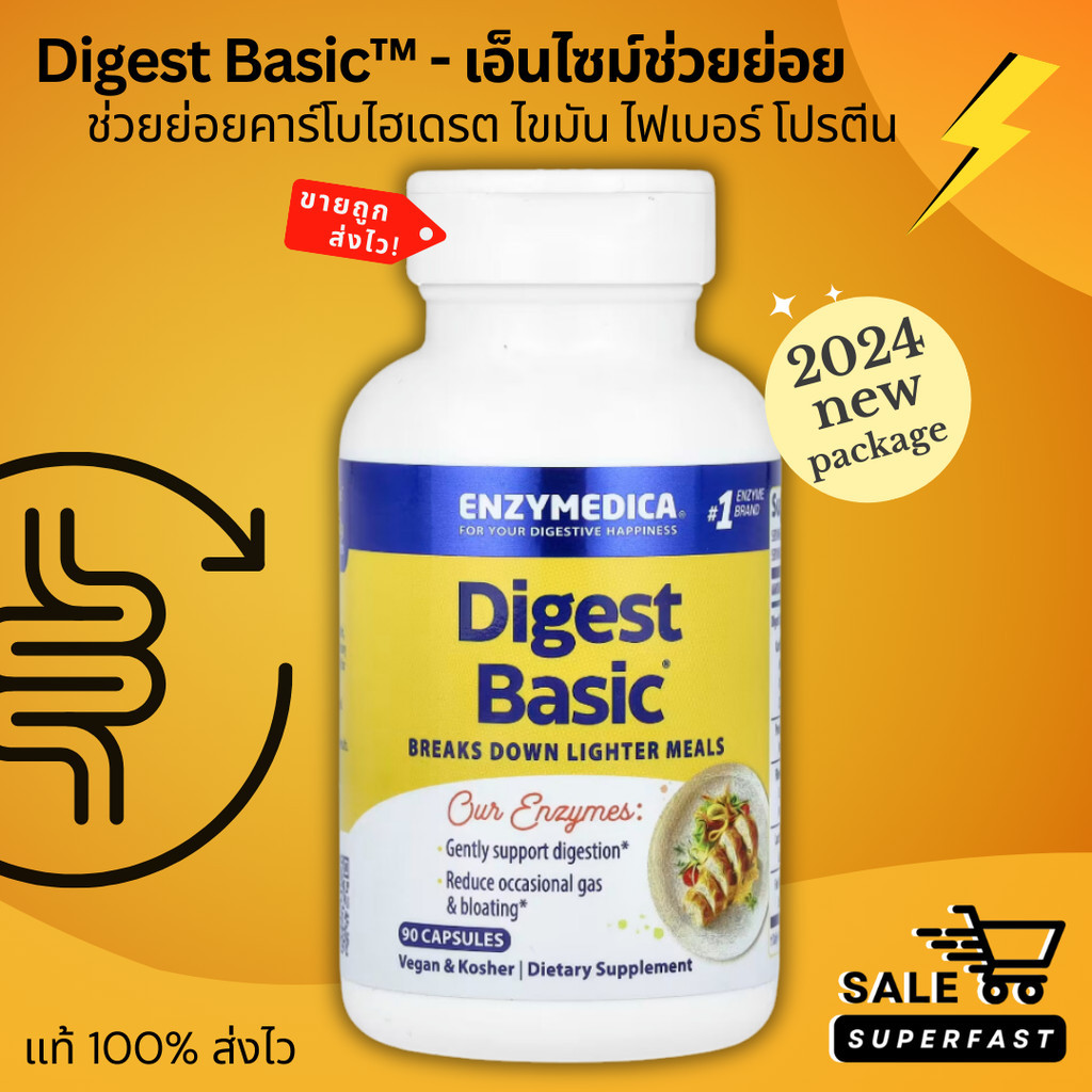 ลอตใหม่! เอ็นไซม์ช่วยย่อยรุ่นรายดี, Enzymedica, Digest Basic, Essential Enzyme Formula, 30-90 แคปซูล