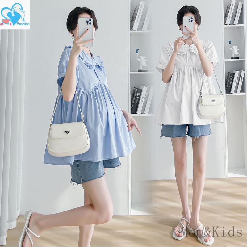 แม่ & เด็ก 100กิโลกรัม ขนาดใหญ่แฟชั่นฤดูร้อนสีทึบแขนสั้นตุ๊กตาปกเสื้อคลอดบุตรเวอร์ชั่นเกาหลีตั้งครรภ์ด้านบน