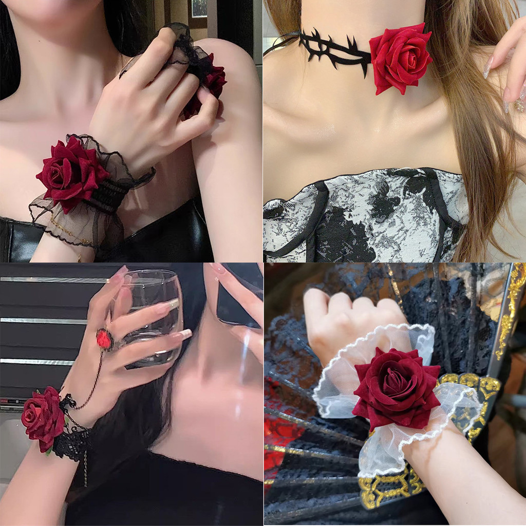 วินเทจโกธิคลูกไม้สร้อยข้อมือสําหรับผู้หญิงดอกไม้สีแดงสร้อยข้อมือเครื่องประดับโลลิต้าฮาโลวีนอุปกรณ์