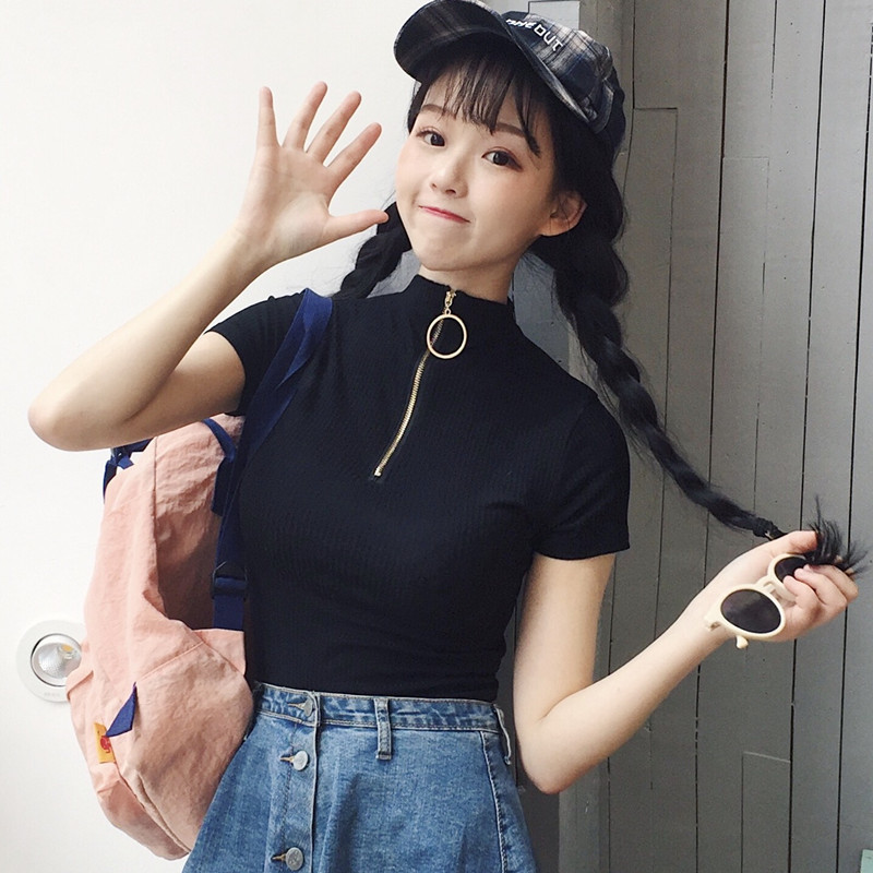 ฤดูใบไม้ผลิและฤดูร้อน All-Match สีทึบผู้หญิง Slim-Fit Crop-Top แฟชั่นแหวน Zip-up คอเต่าแขนสั้นเสื้อย