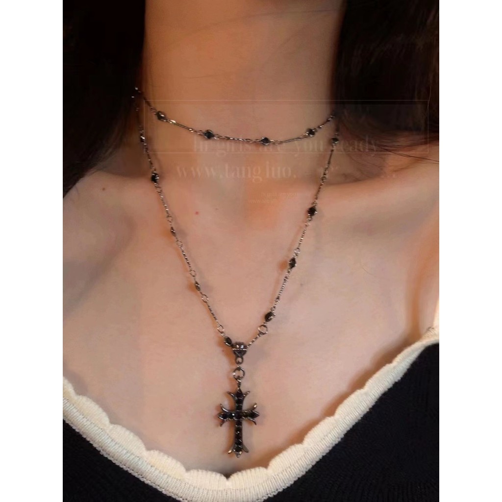 X-range Dark Belt Buckle choker Stacked Cross สร้อยคอยาว 2024 ฤดูร้อนสไตล์ใหม่ ins Casual ผู้หญิงอุปกรณ์เสริม