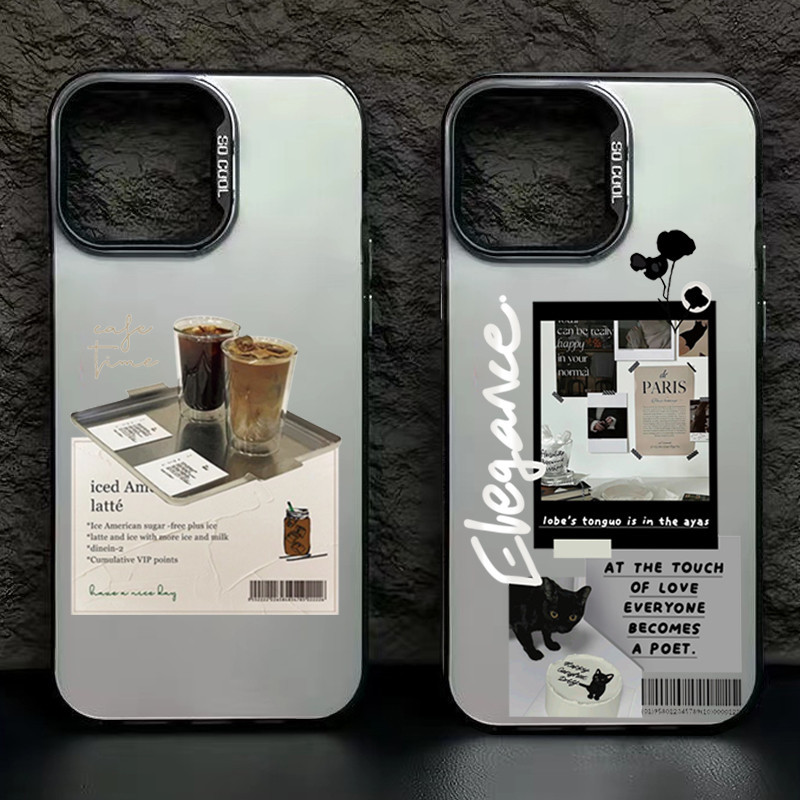 SAMSUNG สําหรับsamsung Galaxy A54 A03 A55 A24 A15 A35 A04 A14 A34 A05 A50 A30S A04E A12 A13 A23 A33 A53 A73 A52 น่ารักแมวกาแฟโลหะกรณีด้านหลังชุบโลหะหรูหรารูปแบบ