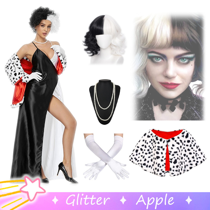 Cruella De Vil คอสเพลย์เครื่องแต่งกายสําหรับสตรีเซ็กซี่ Halter ชุดผ้าคลุมไหล่สีดําสีขาวชุดปาร์ตี้ฮาโลวีน