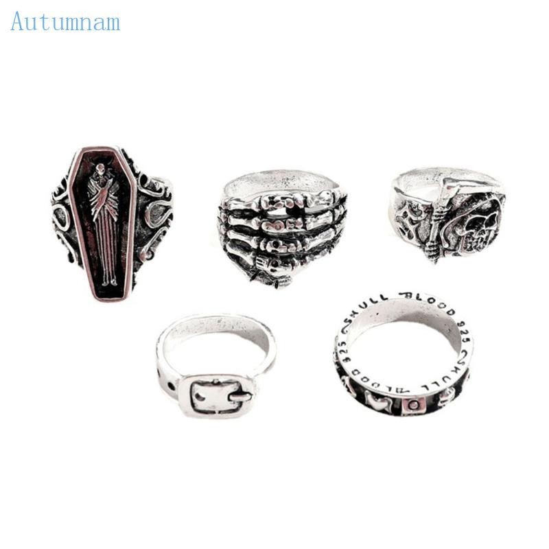 Autu 5 ชิ้น Punk แหวนชุดเข็มขัดหัวเข็มขัด Stackable แหวนแนวโน้มชุดเครื่องประดับวันเกิด Unisex สําหรับผู้หญิงผู้ชาย
