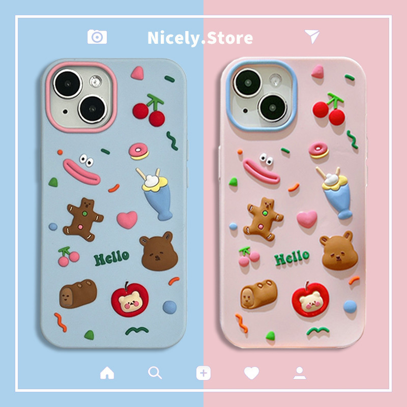 Kawaii 3D Apple หมี เชอร์รี่ รักหัวใจ คู่ซิลิโคนเคสโทรศัพท์สําหรับ iPhone 15 14 13 12 Pro Max 11 ความต้านทานการวาง ฝาหลังปลอก