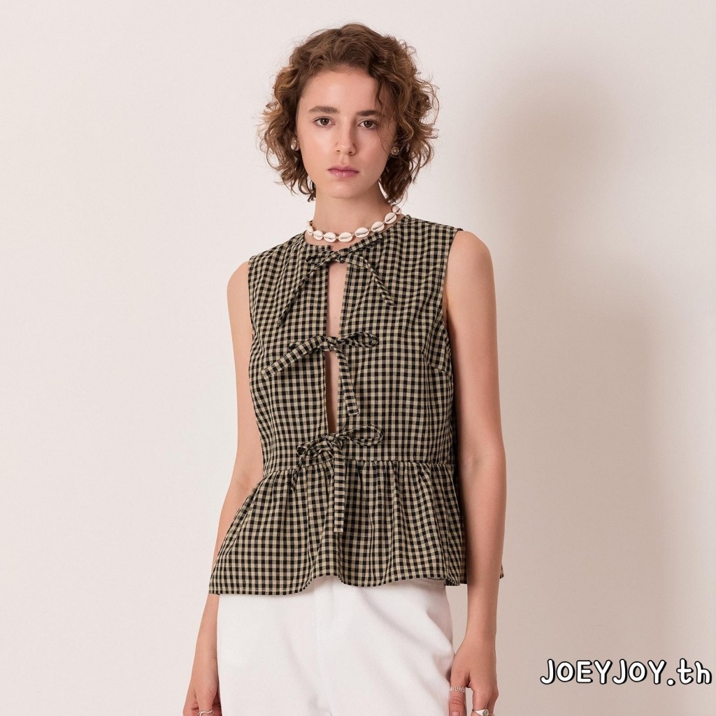 Joeyjoy-เสื้อกล้ามผูกโบว์สําหรับผู้หญิงฤดูร้อนลายสก๊อตพิมพ์แขนกุดคอกลมนัวเนียเสื้อกั๊ก