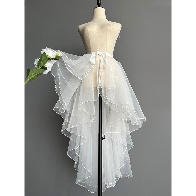 ผ้ากันเปื้อนซีทรู Laced-Up กระโปรงผ้าโปร่งบัลเล่ต์กระโปรงยาวปานกลาง Ruffled ด้านนอกหลายชั้น Trailing