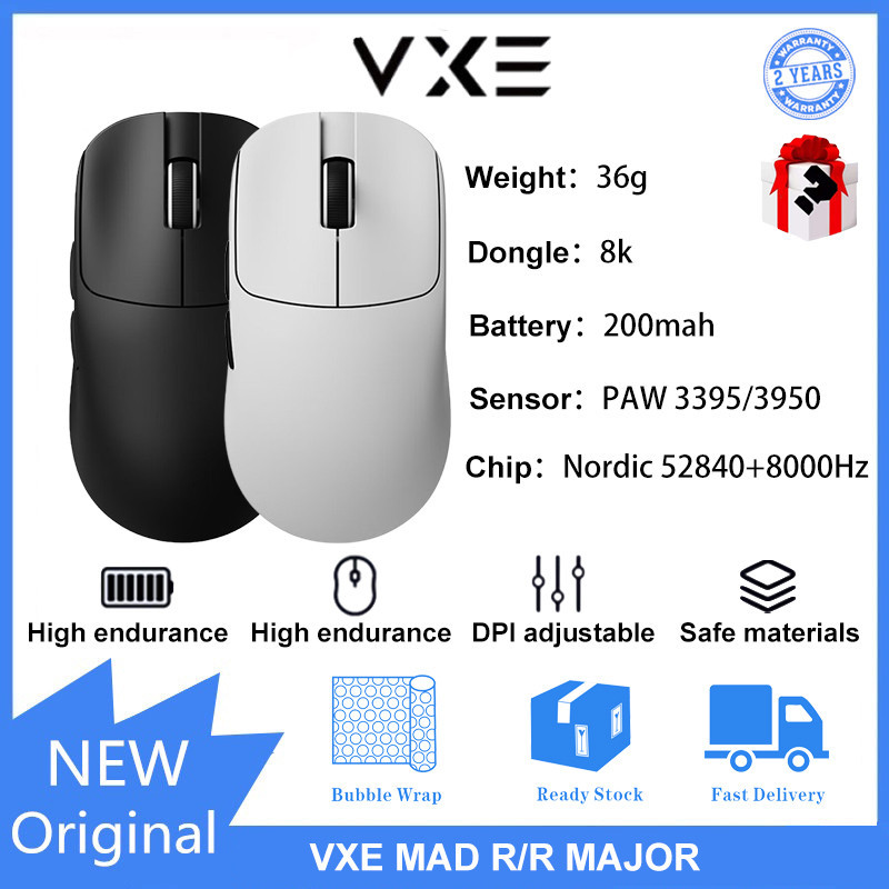 Vxe MAD R/R MAJOR เมาส์สําหรับเล่นเกมสองโหมดไร้สาย PAW3395/3950 รองรับแบบมีสาย/ไร้สาย 8k
