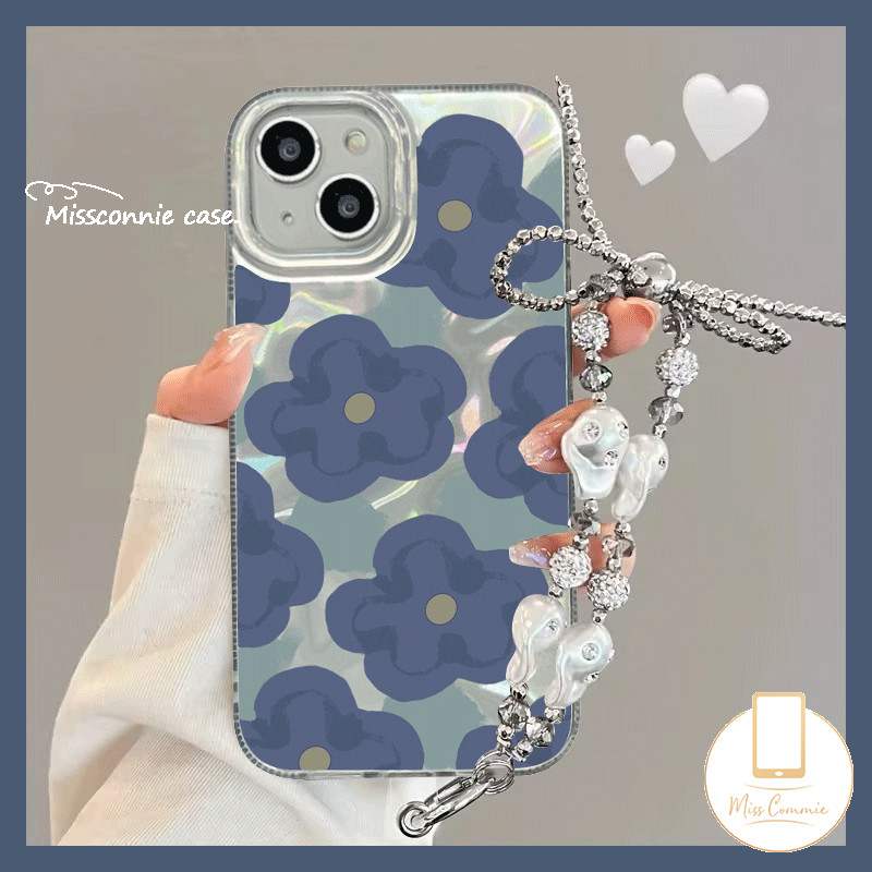Luxury Ripple Luster Creative Pearlyสร้อยข้อมือสําหรับIPhone 15 7Plus 14 12 11 13 Pro Max 7 15 8 14 Plus X XR XS Max SE 2020 การ์ตูนน่ารักสีฟ้าภาพวาดดอกไม้ฝาครอบ