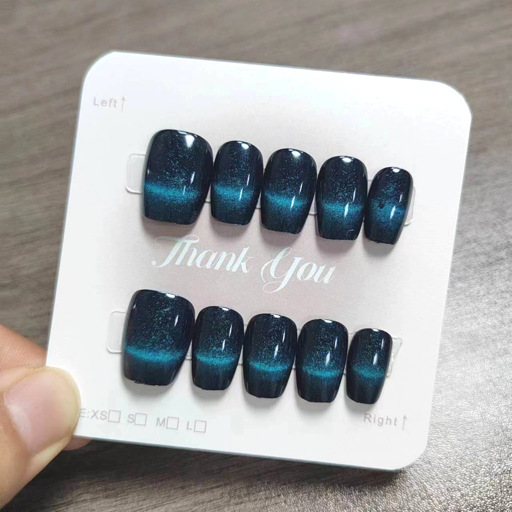 10pcs Cat Eye Handmade กดบนเล็บเล็บปลอมพร้อมสติกเกอร์กาว M134