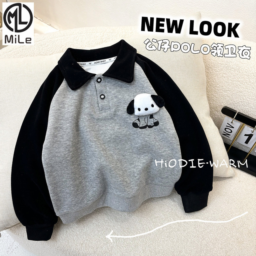 [ML] 80-160 ซม.เด็กฤดูใบไม้ร่วงแขนยาวเสื้อโปโลผ้าฝ้าย Raglan ไหล่สี-Blocking ตุ๊กตาลูกสุนัขเวอร์ชั่นเกาหลีฤดูใบไม้ร่วงด้านบนชายหญิง